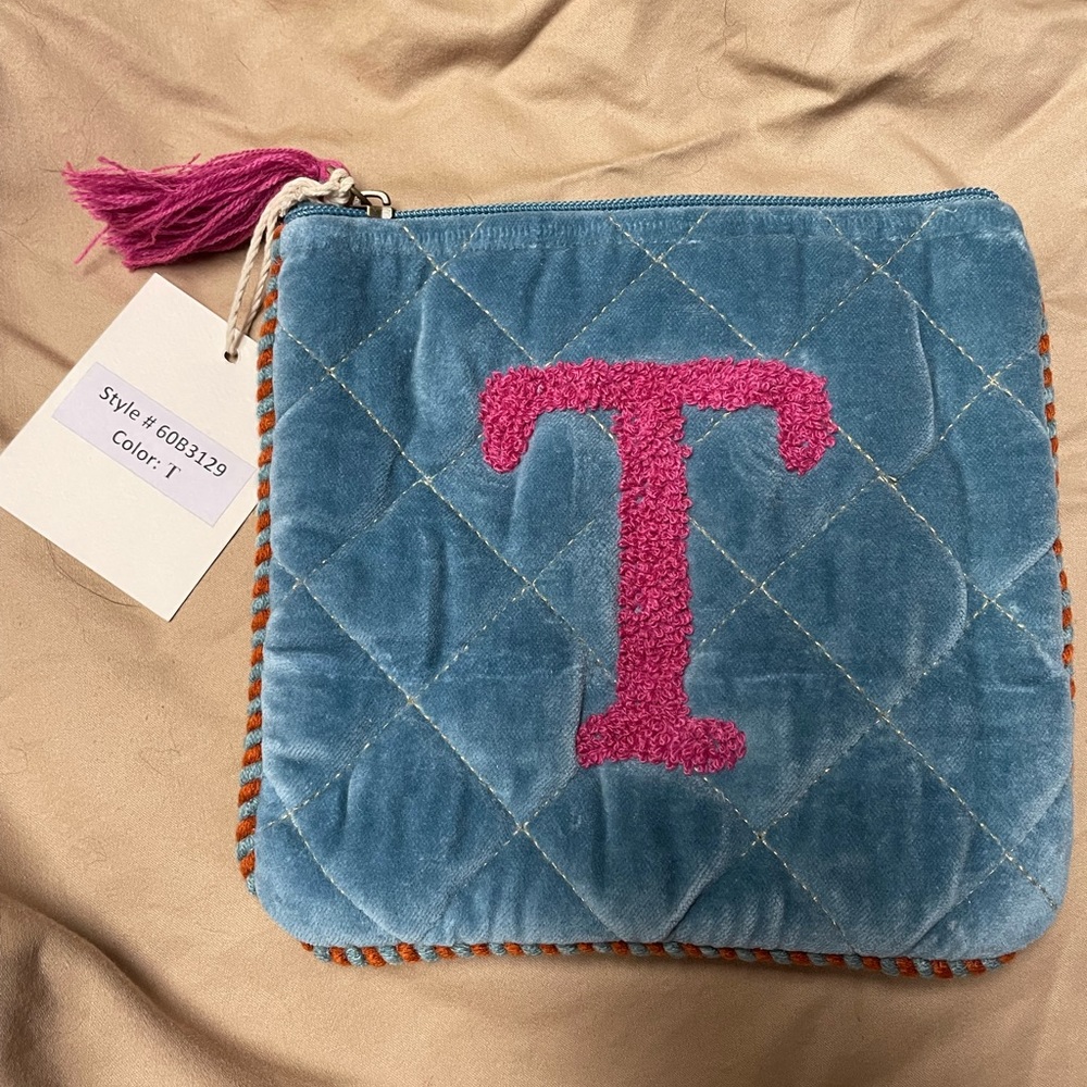 NWT Macchia Di Ruggine Hand Embroidered “T” Velveteen Pouch
